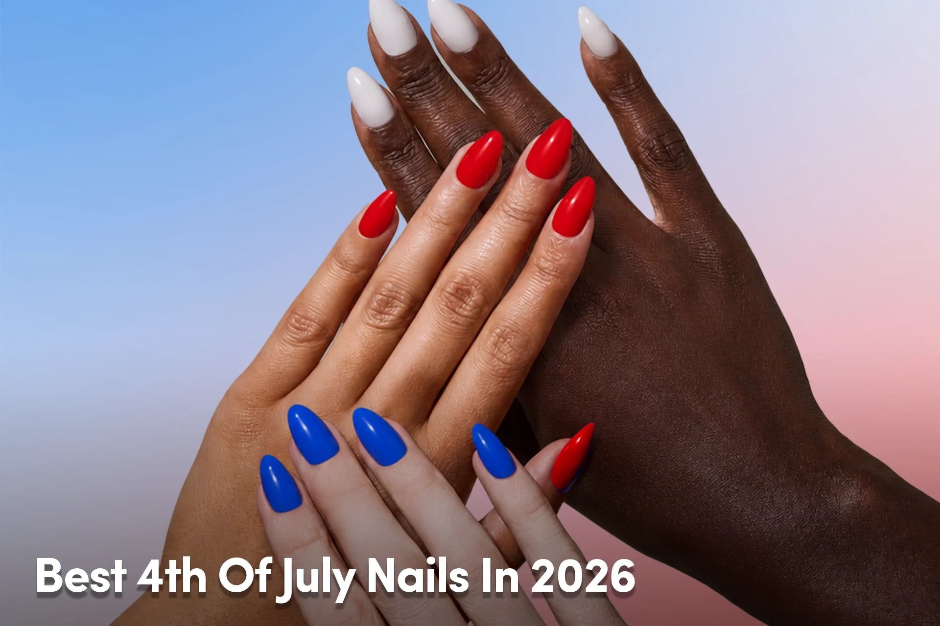 Hands with red, white, and blue almond press-on nails.