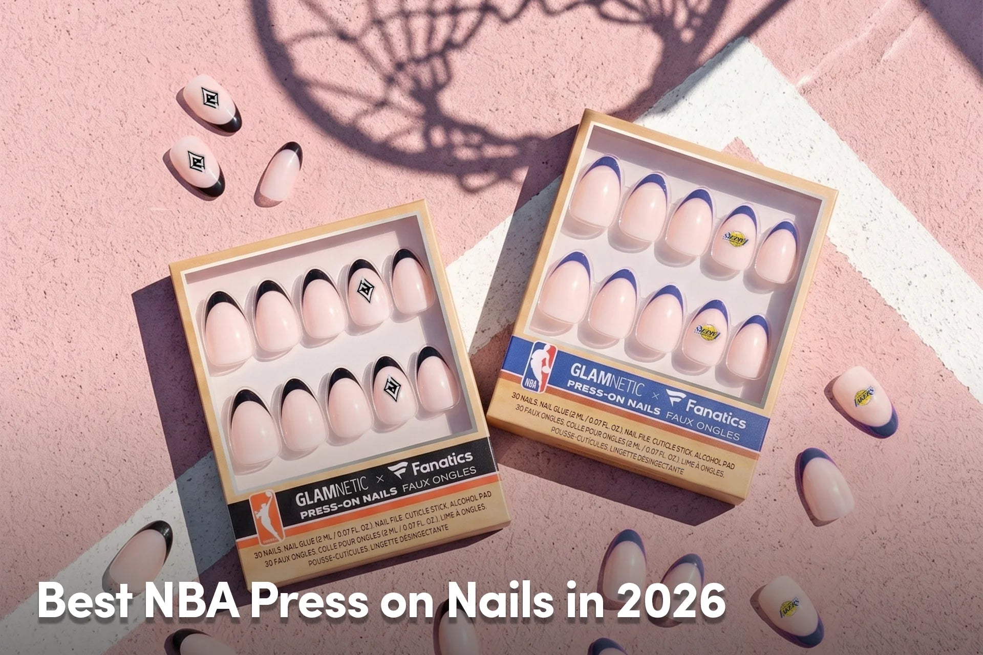 Glamnetic x Fanatics NBA press-on nail sets on a basketball court.