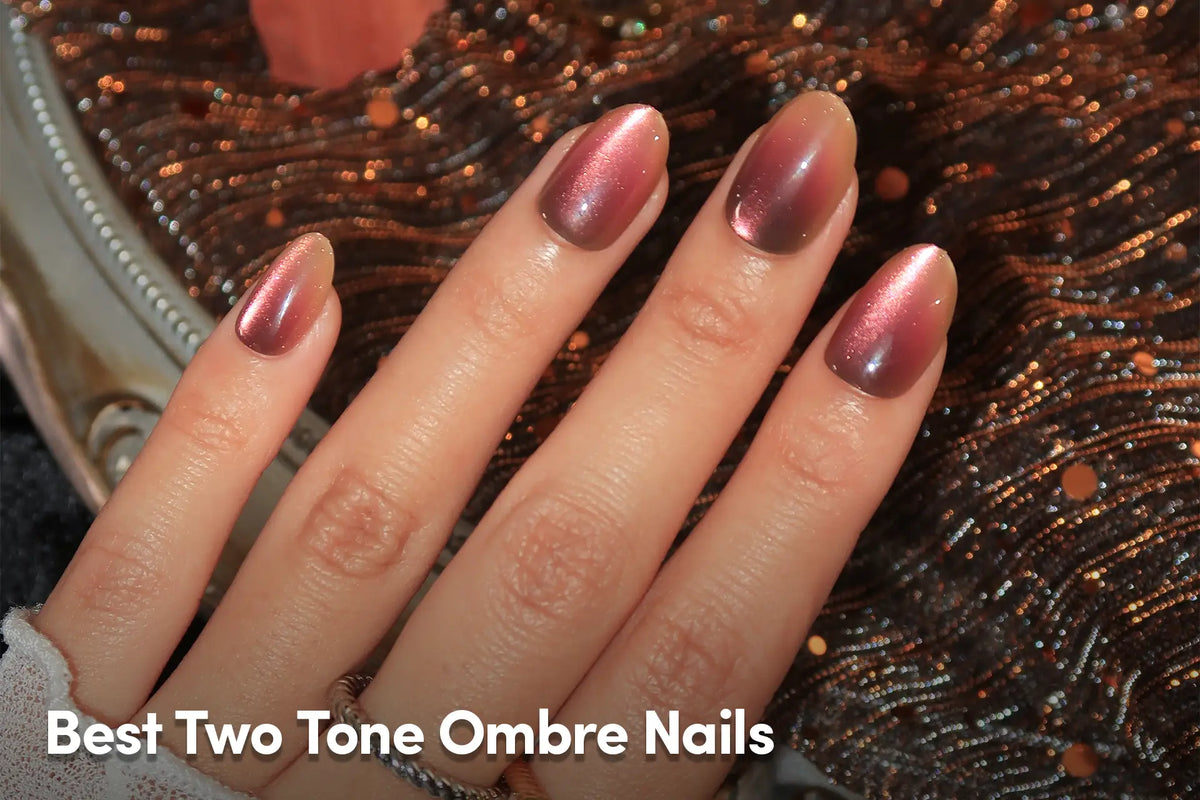Two-tone ombré nails with a soft, glossy finish in a mauve-pink shade.