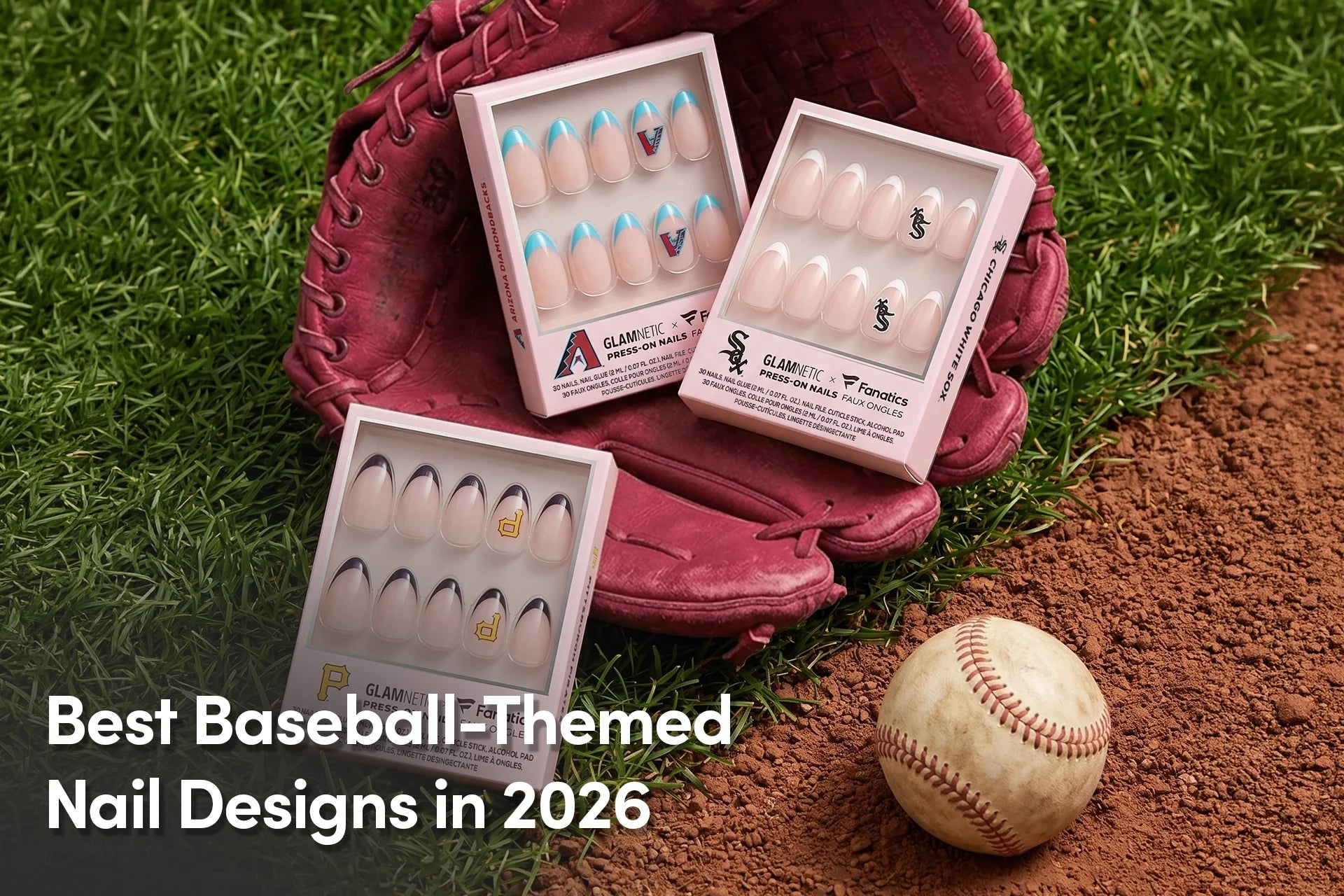 Baseball-themed press-on nail sets displayed in a baseball glove on the field.