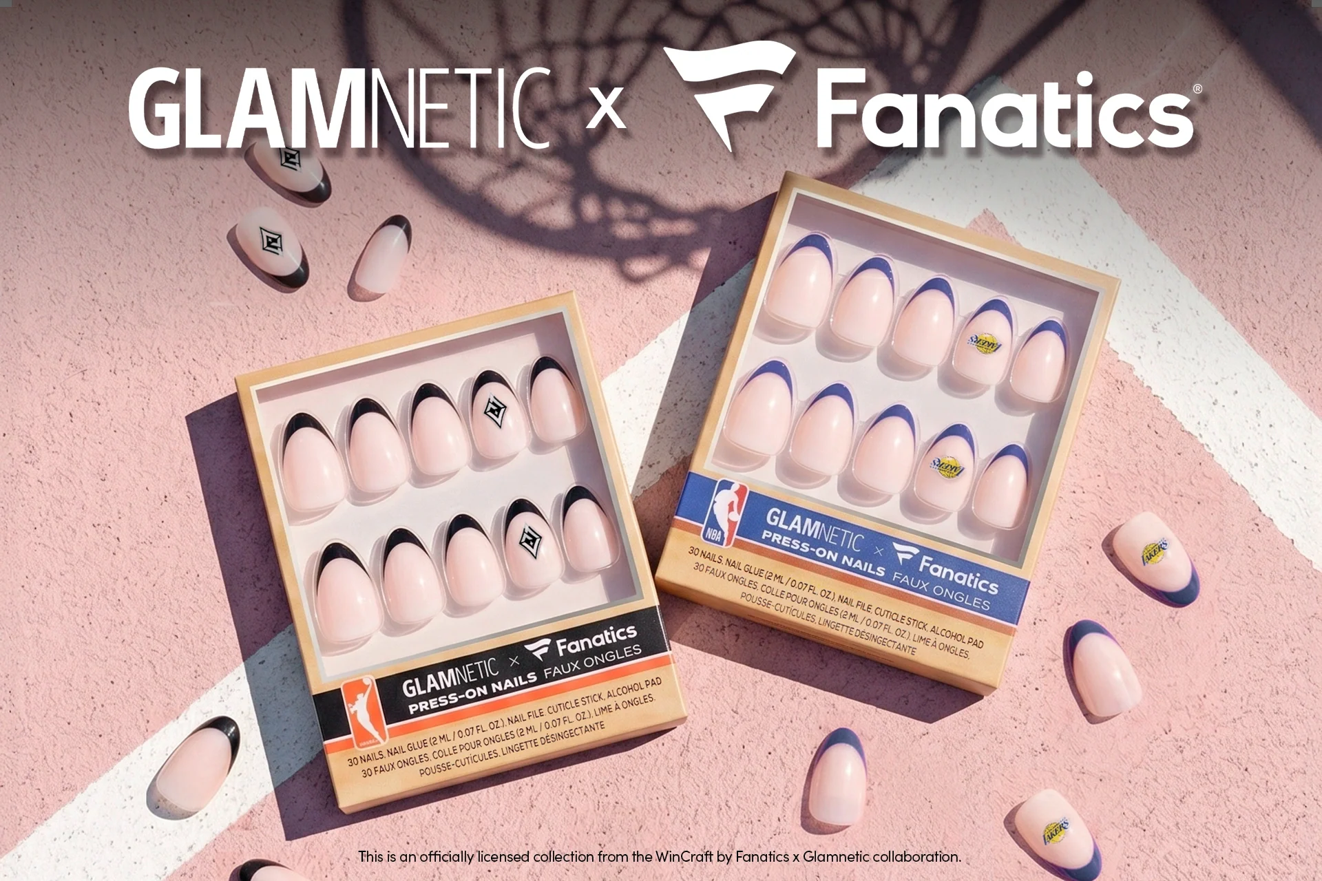 Glamnetic x Fanatics press-on nail sets with basketball-inspired French tip designs displayed on a pink court background.