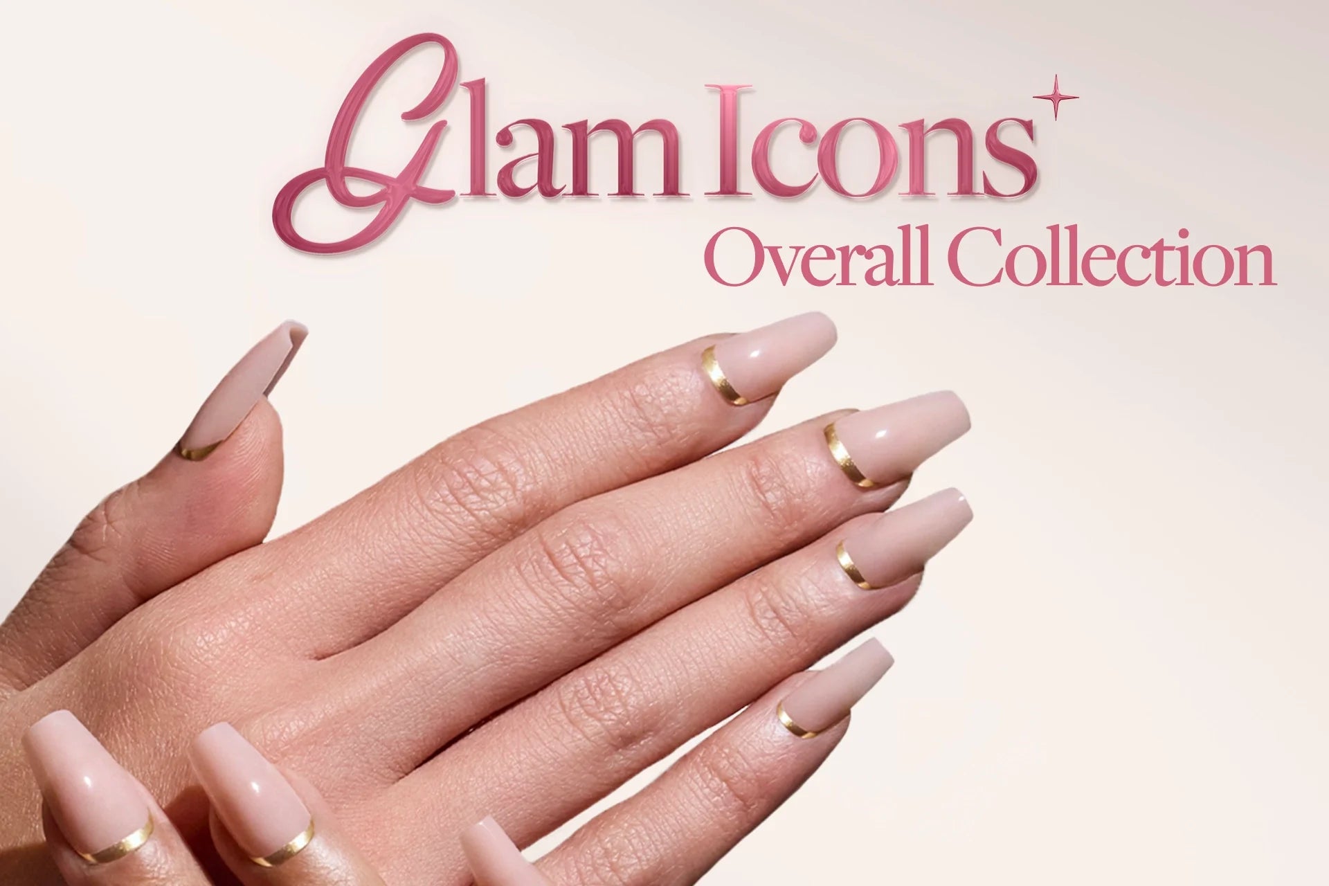 Close-up of a hand with long, square-shaped nude press-on nails featuring thin gold bands near the cuticles, displayed under the Glamnetic 'Glam Icons Overall Collection' logo in soft pink lettering.