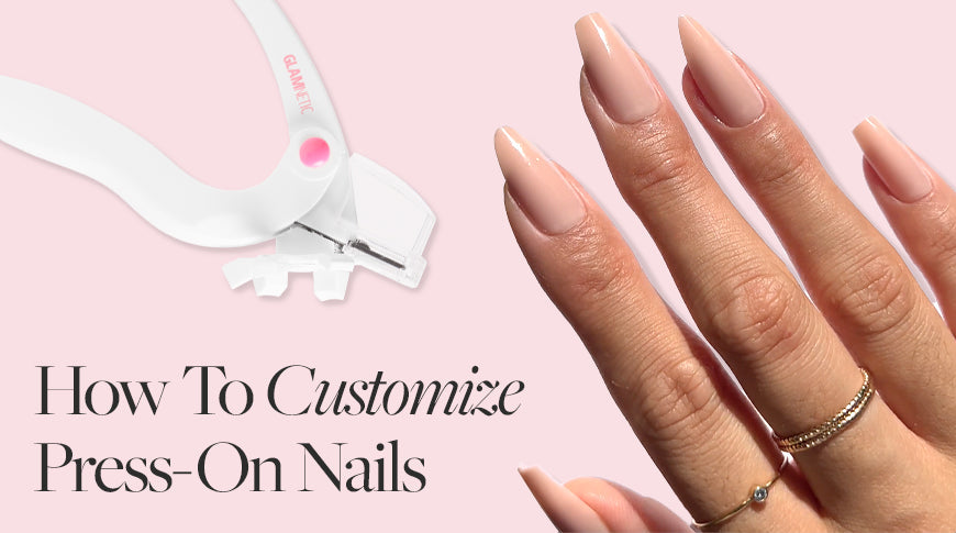 Custom press-on nails in nude and glitter finish, short almond shape, creative manicure style.
