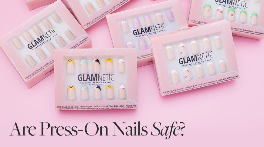 Press-on nails in soft pink and shimmer designs, safe alternative to acrylics, stylish manicure that keeps natural nails healthy.