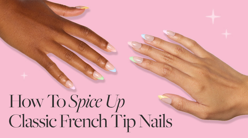 Press-on French tip nails with multicolor designs and playful accents, a chic twist on the classic manicure for modern, stylish looks.