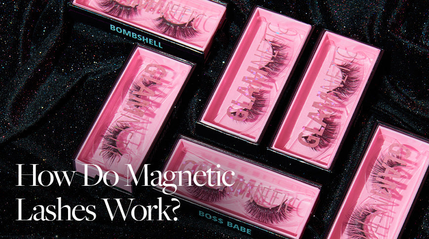 Close-up of magnetic lashes applied with magnetic eyeliner, showing secure hold and flawless lash look without glue or salon extensions.
