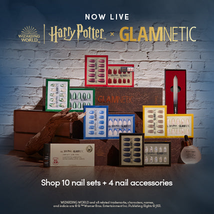 Harry Potter x GLAMNETIC collection on display, featuring 10 themed nail sets and 4 nail accessories in colorful boxes, with a magical Hogwarts-inspired background.