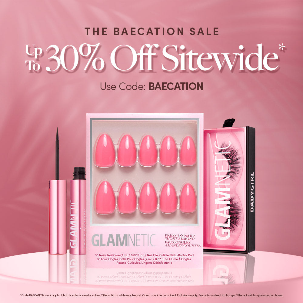 Three boxes of Glamnetic press-on nails in nude and pink tones are displayed on a pink surface. Text above promotes The Baecation Sale: Up to 30% Off Sitewide. Use code: BAECATION.