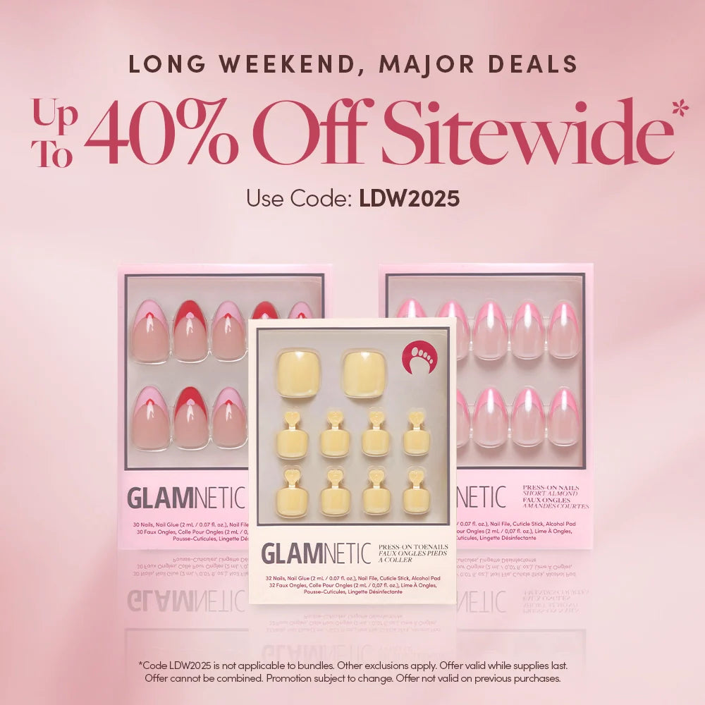 Image shows three boxes of Glamnetic press-on nails in pink and nude colors, with text: Long weekend, major deals. Up to 40% off sitewide. Use code: LDW2025.