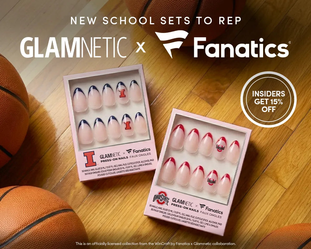 A woman with braided hair and sunglasses holds several packs of press-on nails outdoors. Text reads, School Sets to Rep: GLAMNETIC x Fanatics. Insiders get 15% off!.