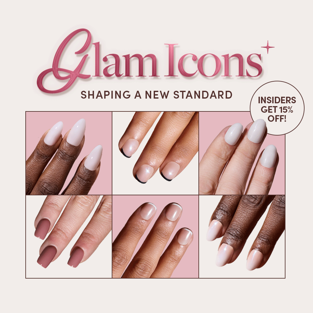 A collage of manicured hands with different skin tones and nail shapes under the text Glam Icons: Shaping a New Standard. A circular badge says, Insiders get 15% off!.