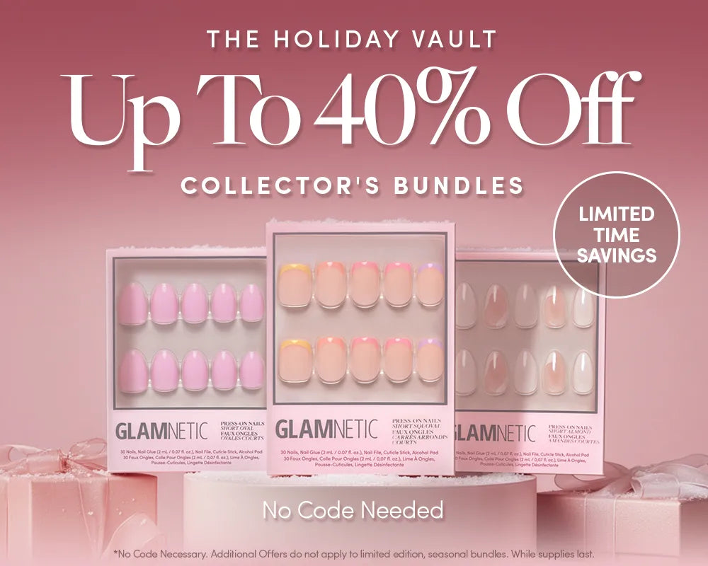 Three boxes of Glamnetic press-on nails in pink shades are displayed with a pink gift background. Text reads: “Up to 40% off collector’s bundles. No code needed. Limited time savings.”.