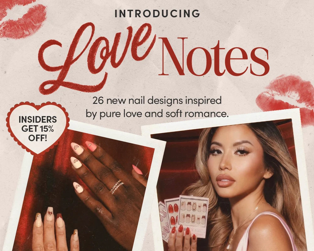 Promotional image for “Love Notes” nail designs, featuring a woman holding nail samples and close-ups of manicured hands with romantic nail art. A heart graphic says “INSIDERS GET 20% OFF!” Lips prints in the background.