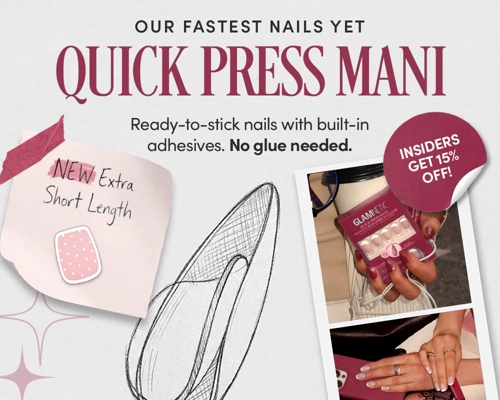 Ad for quick press-on nails in extra short length with built-in adhesive. Text highlights no glue needed and 15% off for insiders. Includes photos of hand holding nail pack and pink press-on nail illustration.