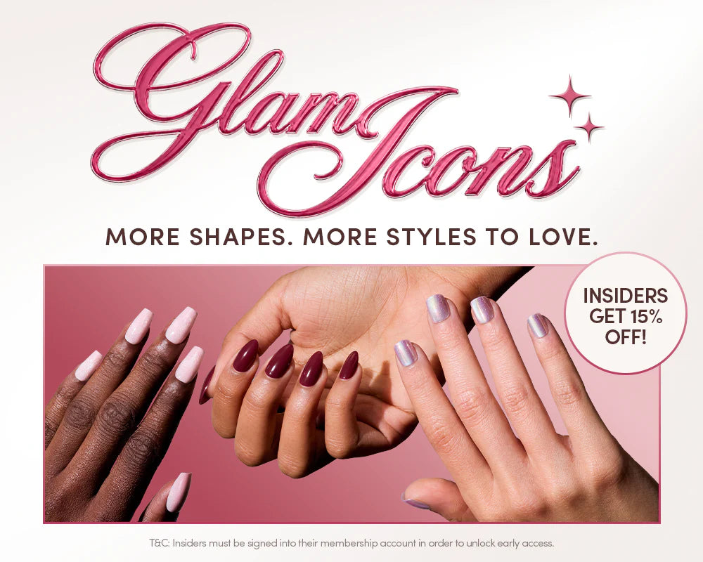 Six hands with manicured nails in shades of nude and pink are shown under the text “Glam Icons: Shaping a New Standard.” A circle reads “Insiders get 15% off!”.