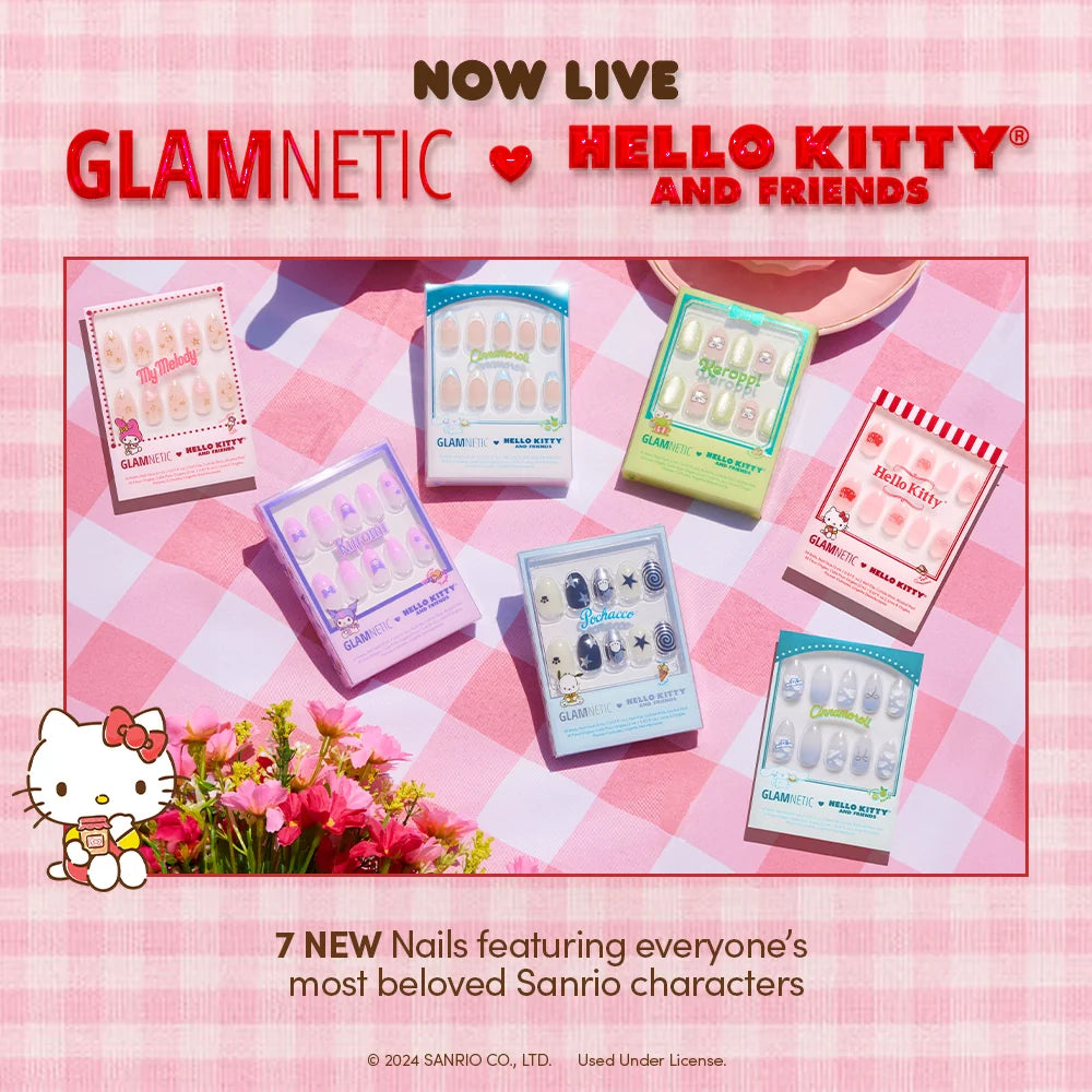Six sets of colorful Sanrio-themed press-on nails and a Hello Kitty Lash Extension Kit are displayed on a pink gingham picnic blanket, with flowers and the Hello Kitty logo in the corner.