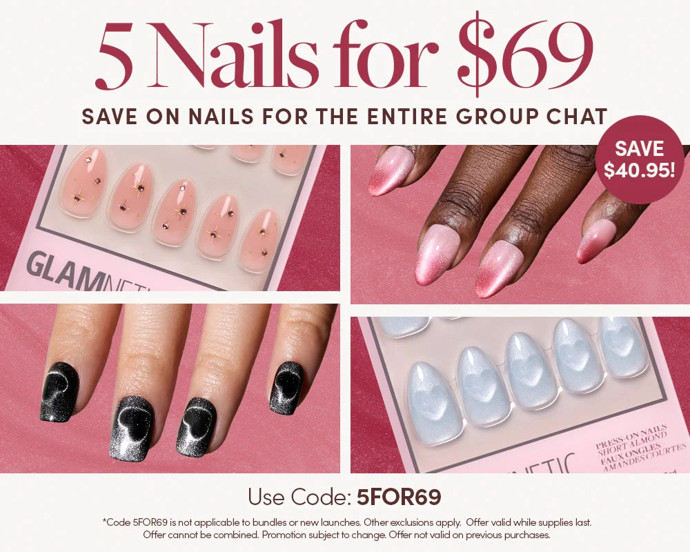 Advertisement for a nail set deal: “5 Nails for $69.” Four images show different nail designs, including pink, swirl, and black and white sets. Promo code “5FOR69” and “Save $40.95!” badge are displayed.