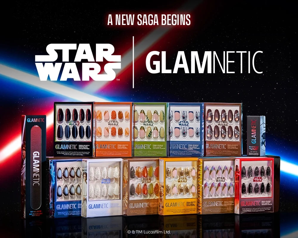 Display of Star Wars and Glamnetic branded press-on nails with themed packaging in various colors. Text above reads, A New Saga Begins with a space background and glowing streak.