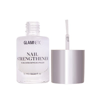 A clear bottle of glamnetic Nail Strengthener (10 mL) with the silver cap off and brush visible, set on a white background—ideal for healthy-looking nails with a vegan, cruelty-free formula.