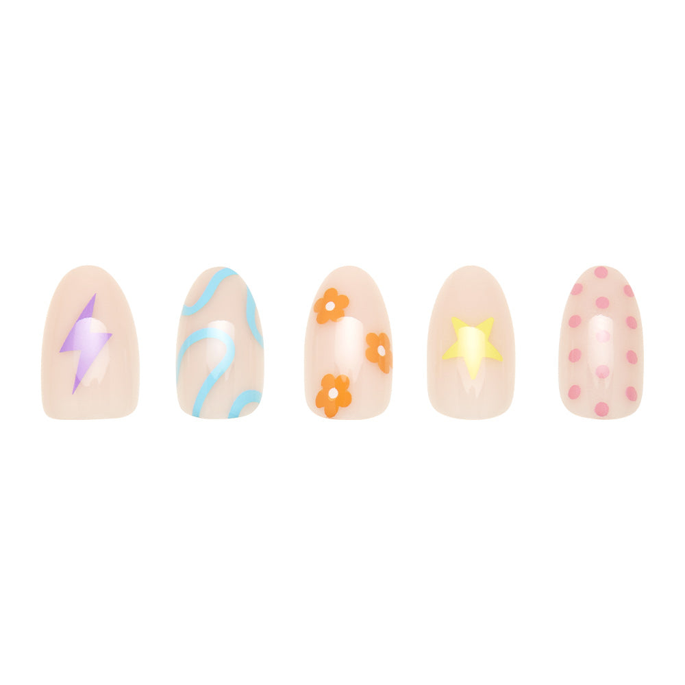 The glamnetic Wild Child Nail Set includes short oval nails with a semi-transparent base, decorated in pastel designs like a purple lightning bolt, blue waves, orange flowers, a yellow star, and pink polka dots. - Product image