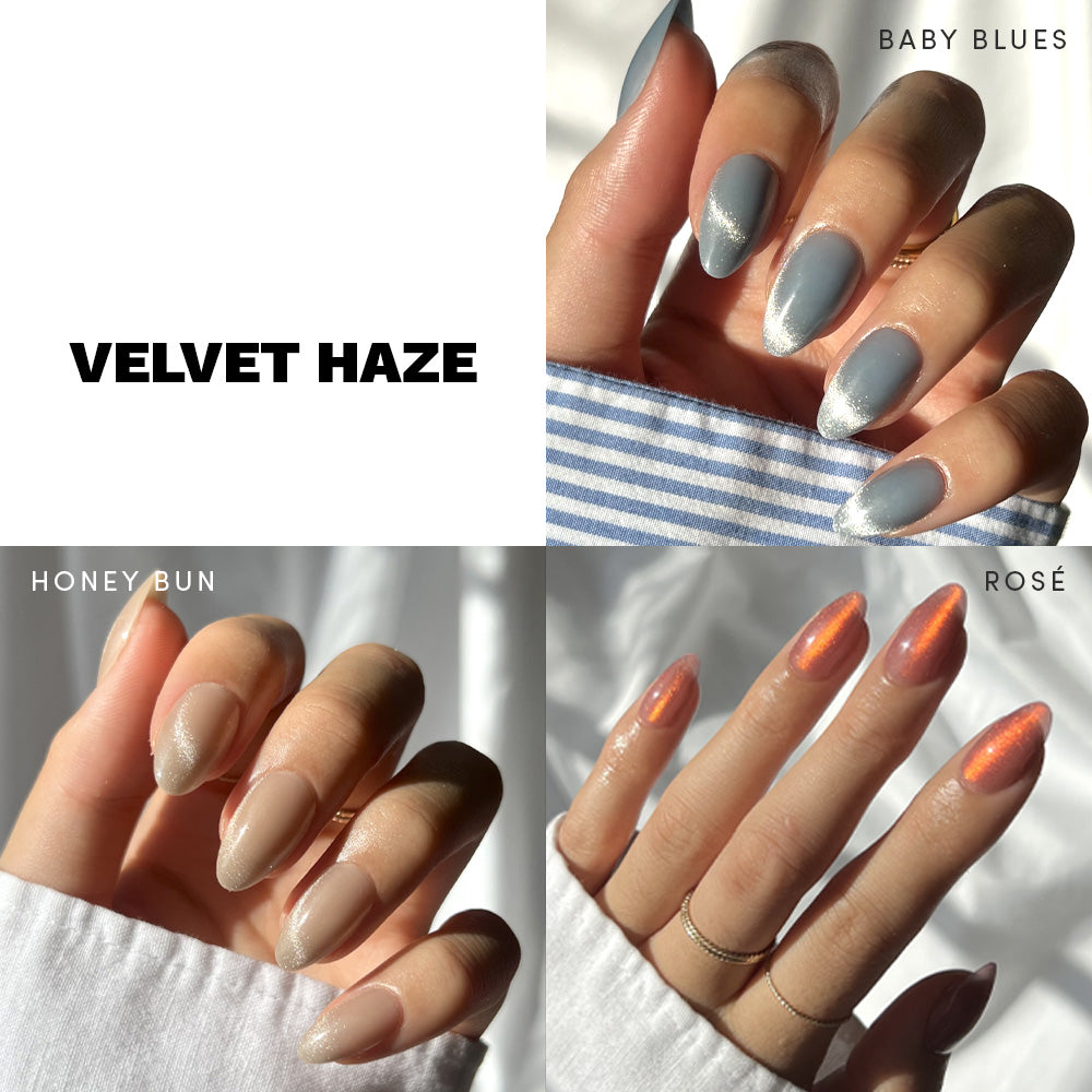 Three manicured hands with short almond nails in glamnetic’s Velvet Haze—shimmery Baby Blues, Honey Bun, and Rosé—show a dimensional velvet finish. The title Velvet Haze appears in bold.