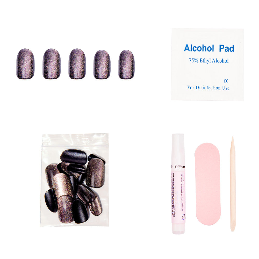 The glamnetic Galactic set includes metallic purple short round nails, an alcohol pad, extra nails, nail glue, a pink file, and a cuticle stick—all arranged neatly on a white background. - Product image