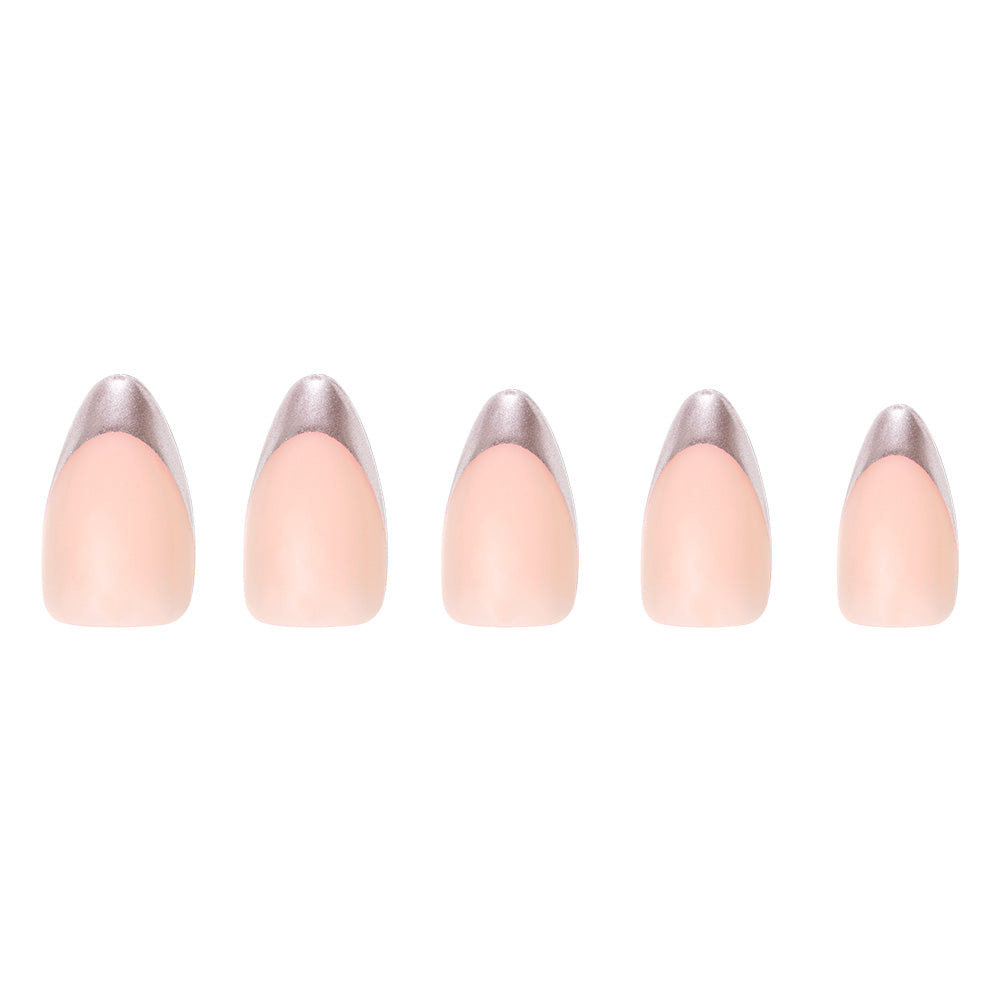 Five short almond artificial nails from glamnetic’s Mirror Mirror set, featuring a nude base and chrome silver French tips, are displayed in a row on a white background. - Product image