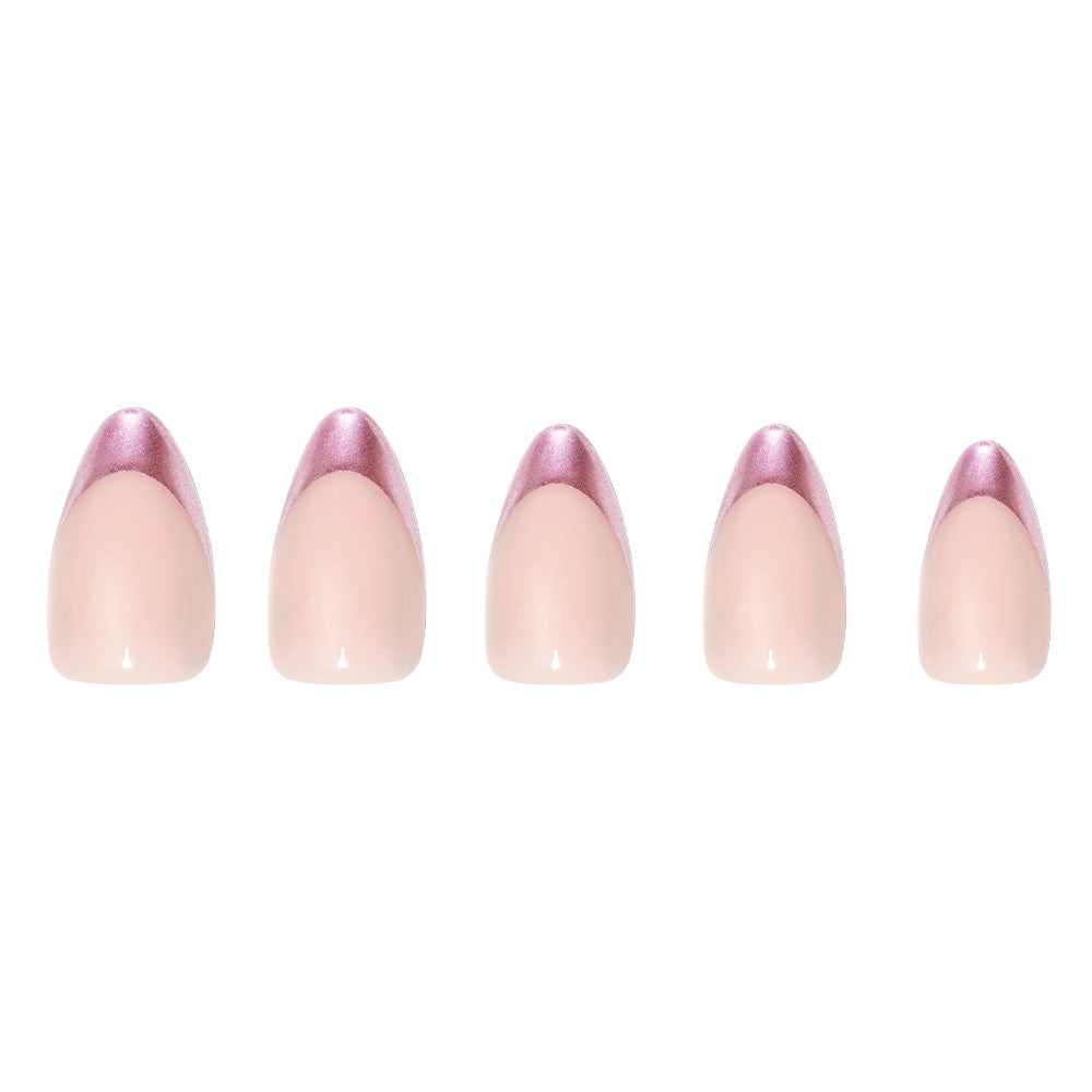Five short almond-shaped artificial nails by glamnetic, from the Rock Candy set, feature a light pink base with chrome rose gold French tips and are displayed on a white background for an elegant metallic effect. - Product image