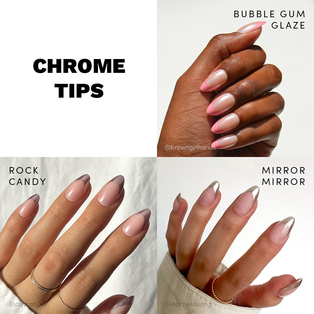 A collage shows three manicured hands with glamnetic’s Chrome Tips: top right in pink Bubble Gum Glaze, bottom left in silver Rock Candy, and bottom right in bold Mirror Mirror. Text reads Chrome Tips.