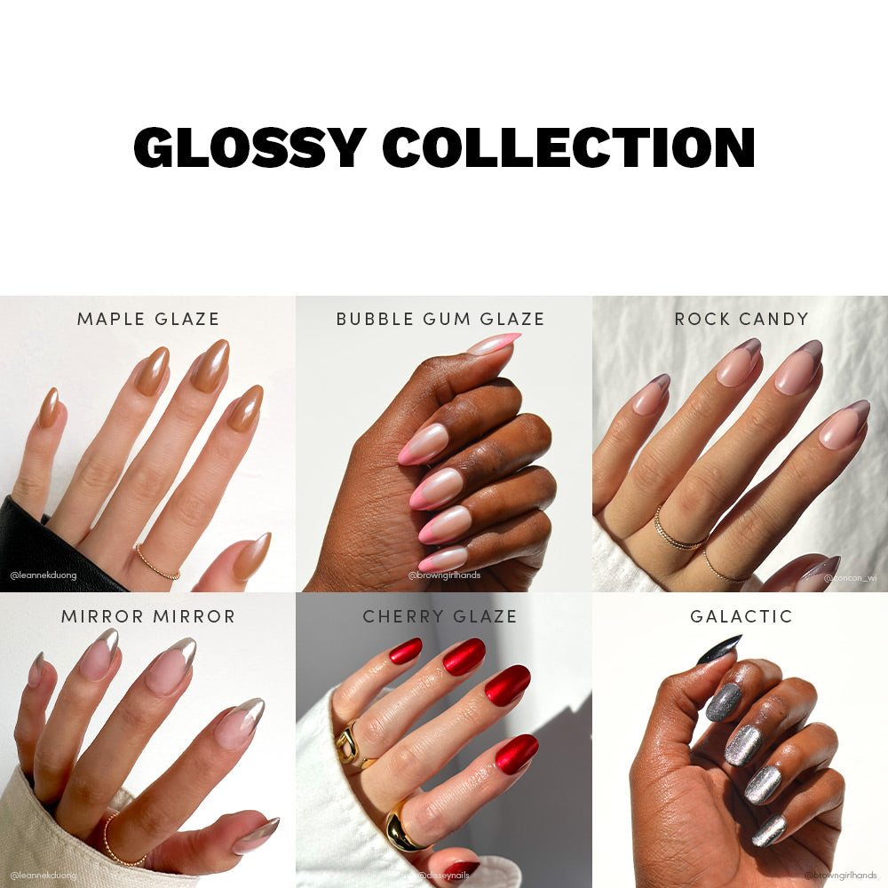 Glossy Collection by glamnetic showcases six hands with glossy, almond nails in shades like Maple Glaze and Cherry Glaze. Each vegan, cruelty-free polish delivers a high-shine glazed finish.