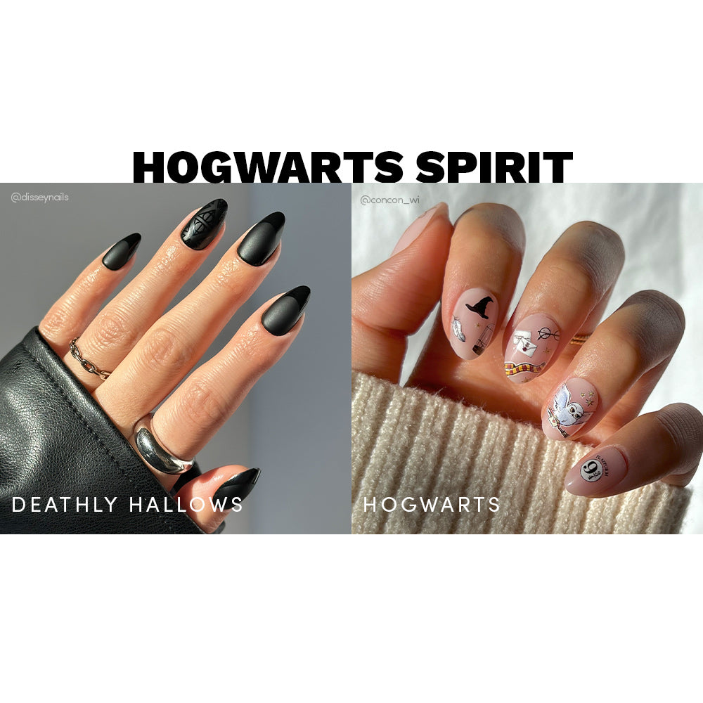 Split image of glamnetics Hogwarts™ Spirit nails: left hand in matte black with Deathly Hallows symbol, right hand in nude with Hogwarts-themed designs. Text reads HOGWARTS SPIRIT. Vegan and cruelty free.