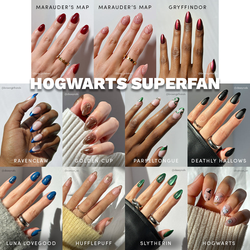 A collage of manicured hands showcases glamnetic’s Hogwarts™ Superfan press-on nails, featuring designs inspired by Marauder’s Map, Gryffindor, Ravenclaw, Parseltongue, Deathly Hallows, Luna Lovegood, and color-changing Hogwarts house nails.