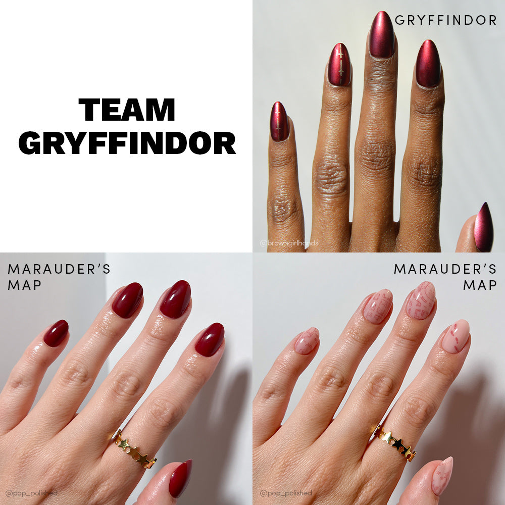Four panels feature glamnetics Team Gryffindor™ nails: Gryffindor text, metallic red, rich red polish, and pink Marauder’s Map designs—all with vegan, cruelty-free formulas.