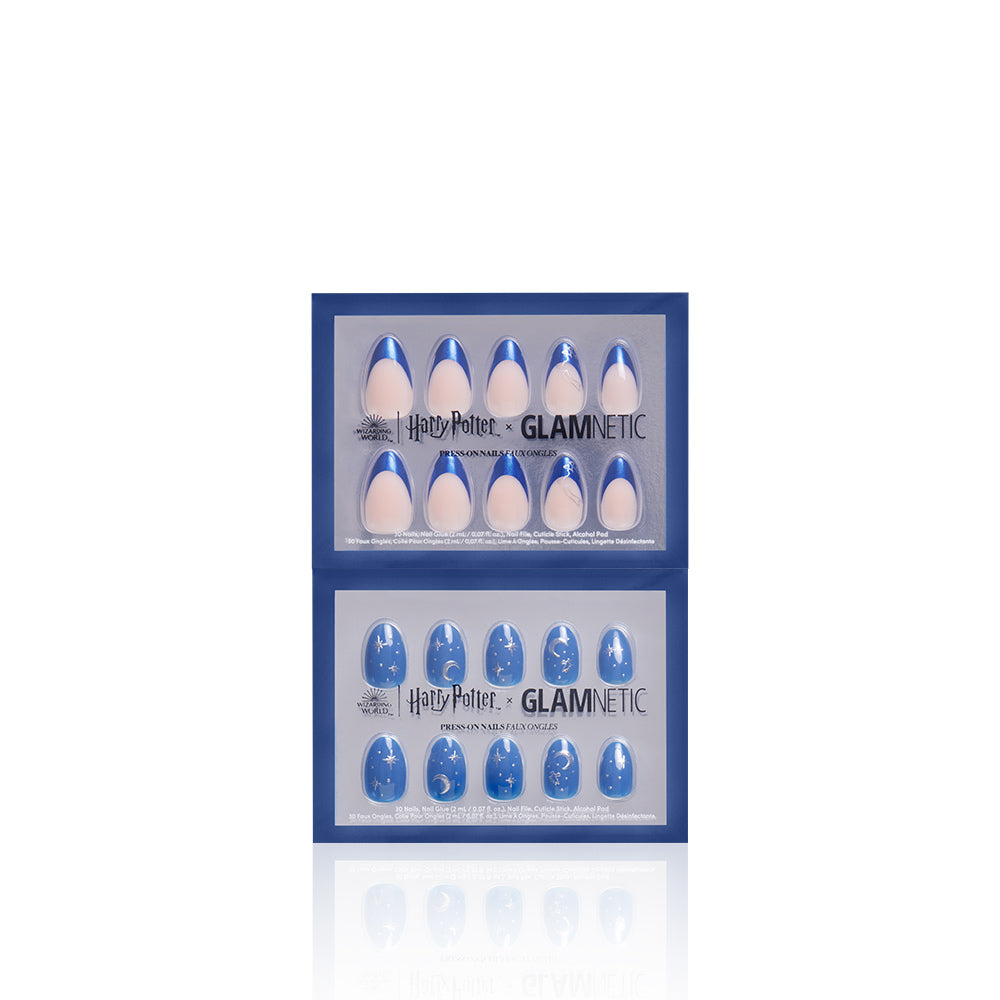 Two boxes of glamnetic Team Ravenclaw™ vegan nails are shown. One set has nude nails with blue tips, and the other features blue nails with white star designs inspired by Ravenclaw. Both are in blue packaging. - Product image
