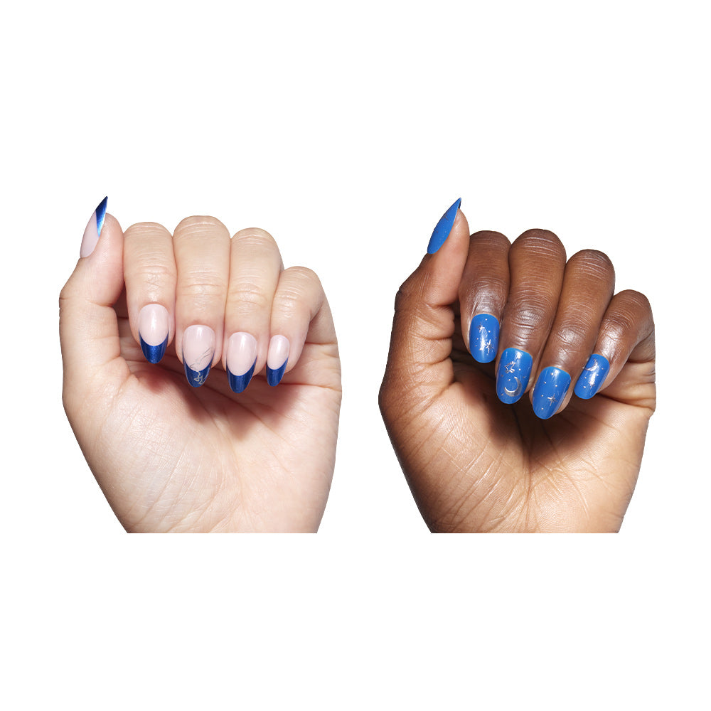 Two hands with manicured vegan nails in glamnetic’s Team Ravenclaw™ style: the left (light skin) has blue French tips, and the right (dark skin) features blue nails with white designs, both on a white background. - Product image