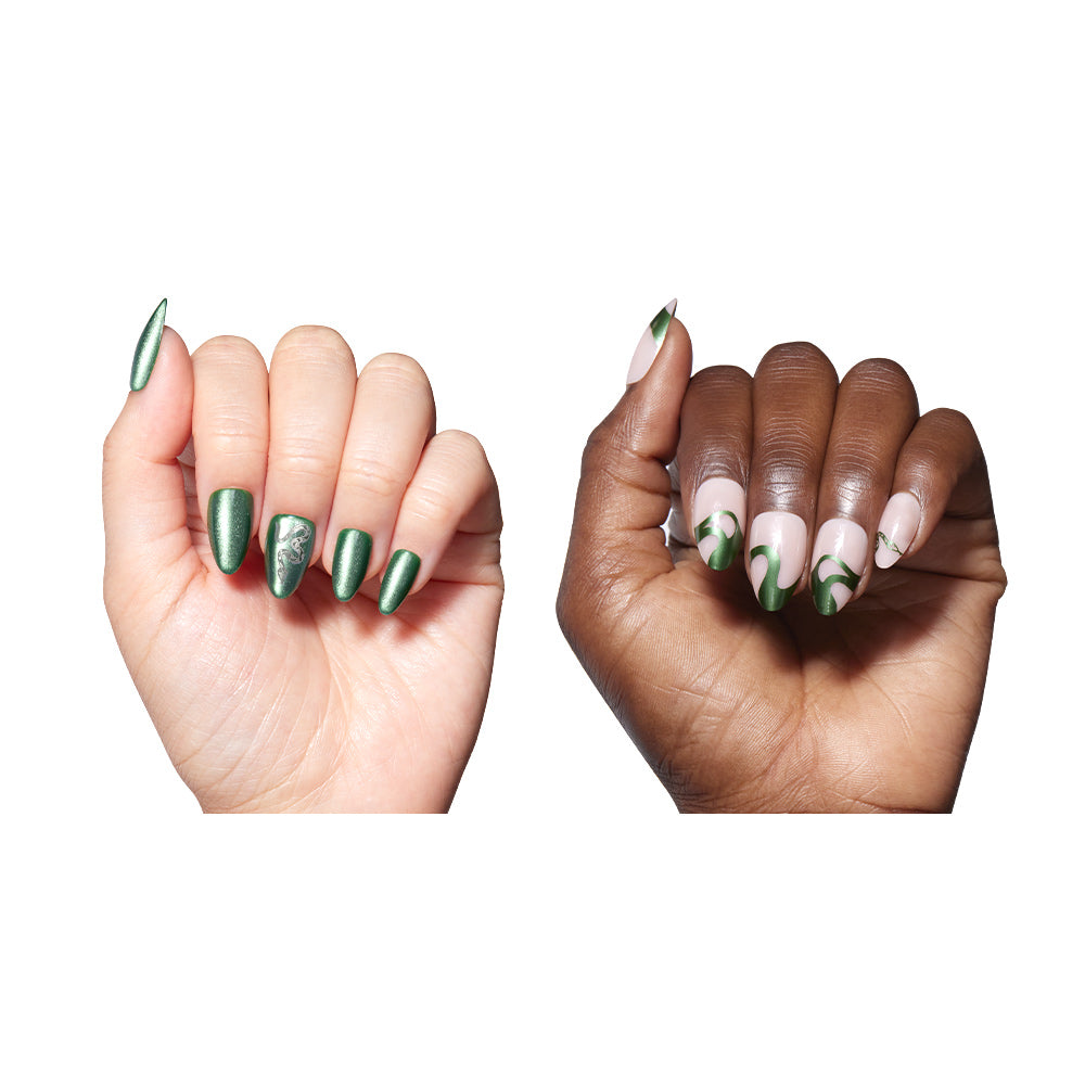 Two hands with almond nails: one features emerald green leaf designs, the other nude nails with green abstract art. Both show unique skin tones and wear glamnetic’s vegan, cruelty-free Team Slytherin™ nail set. - Product image