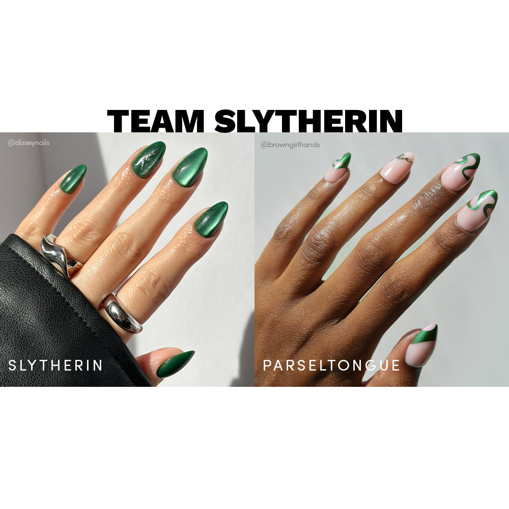 Side-by-side images show two hands with Team Slytherin™ nail art by glamnetic: left hand with glossy emerald green almond nails and snake-like design, right with nude nails featuring green and white wavy patterns. Text reads “Team Slytherin.”.