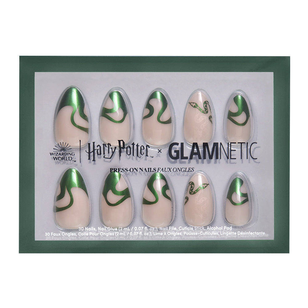 The Parseltongue™ press-on nails by glamnetic feature a chrome emerald swirl in a short almond shape, inspired by Slytherin house from Harry Potter.