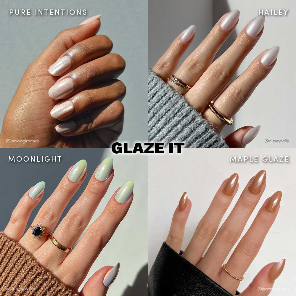A collage of four hands shows off glamnetic’s Glaze It nail polish in Pure Intentions (white), Hailey (pearly), Moonlight (pale green), and Maple Glaze (caramel brown). “GLAZE IT” appears boldly at the center.