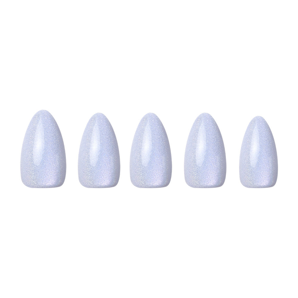 Five glamnetic Frozen artificial nails in a chic short almond shape feature a soft, shimmery pale purple with an icy-blue hue, arranged in a horizontal line against a white background. - Product image