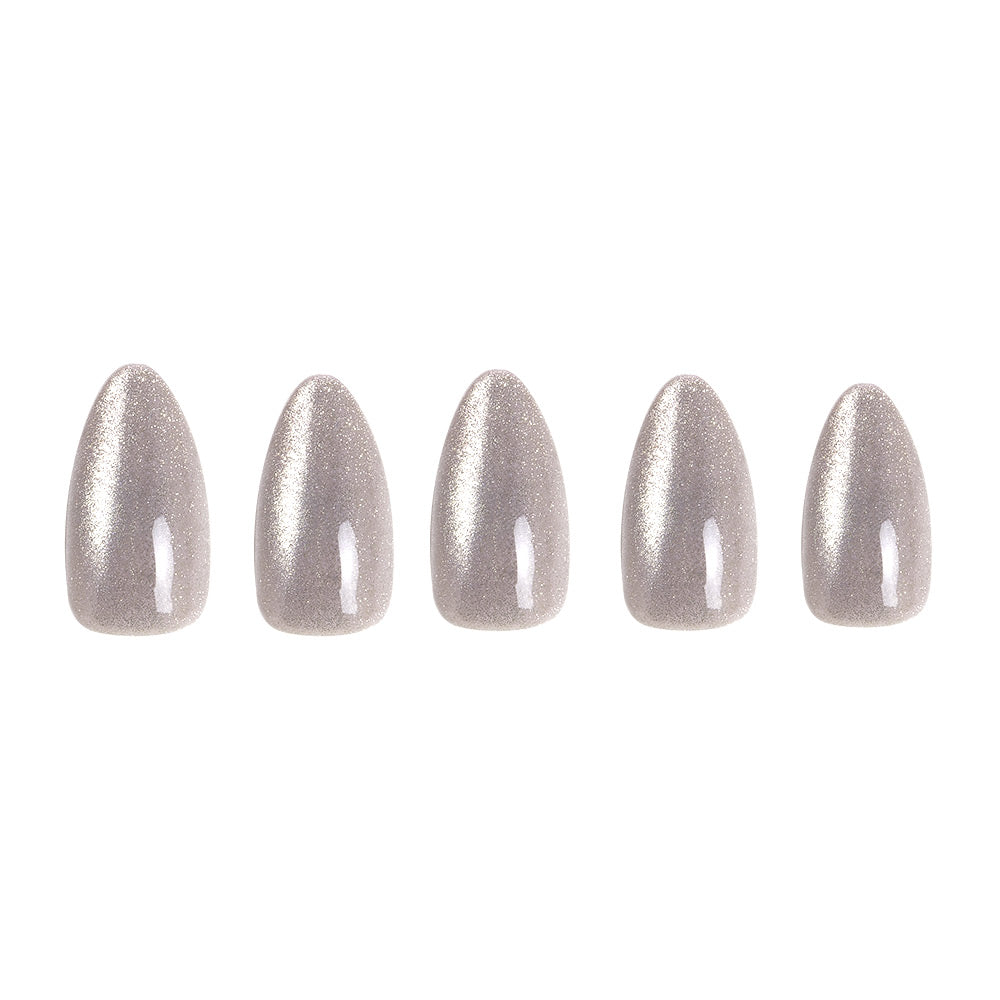 Five glossy, silver cat’s-eye artificial nails in a short almond shape from glamnetic’s Oslo set are arranged in a row on a white background, highlighting the chic design. - Product image