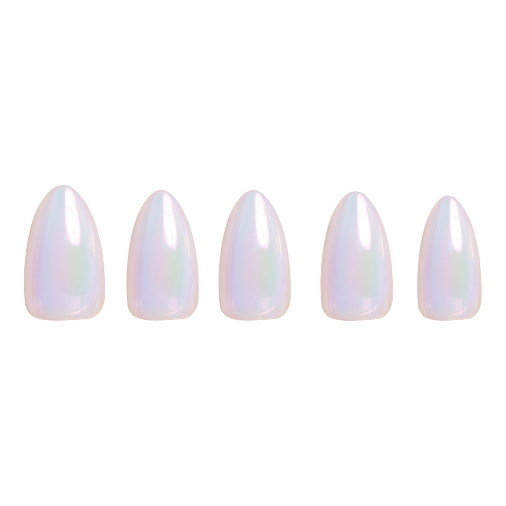 Five glossy, almond-shaped press-on nails from glamnetics Entranced set, featuring a holographic finish, are arranged in a row against a white background. - Product image