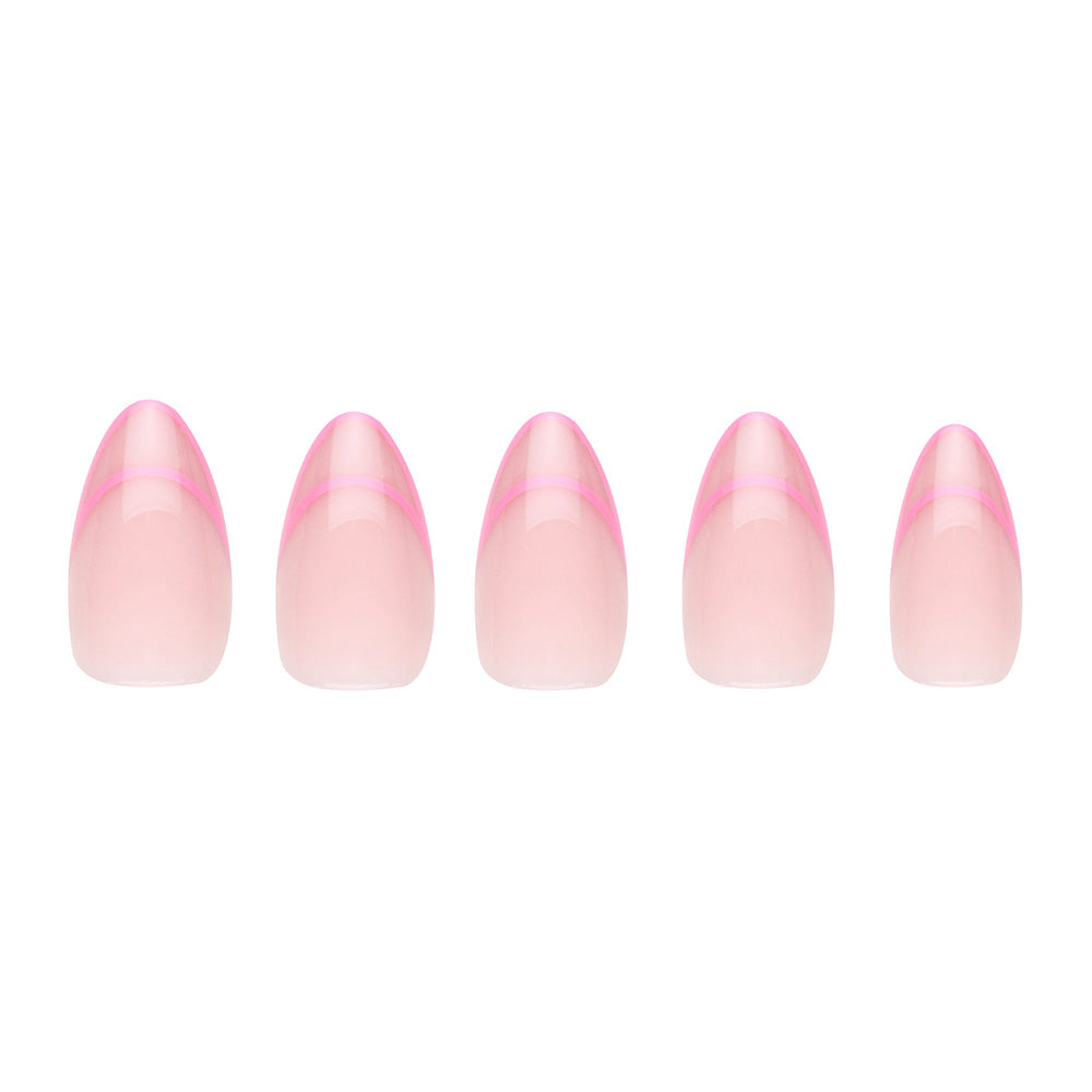 Five Hot Take artificial nails by glamnetic, featuring a short almond shape, nude pink base, and thin bright pink French tips, are displayed in a row on a white background. - Product image