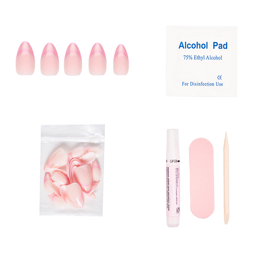 Hot Take by glamnetic: A short almond-shaped pink press-on nail set with French tips. Includes extra nails, nail glue, alcohol pad, pink nail file, and wooden cuticle stick—all arranged on a white background. - Product image