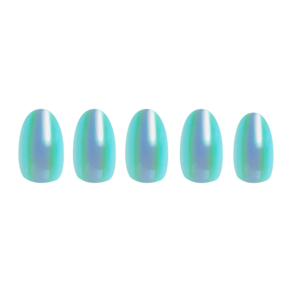 Five glossy, holographic artificial nails in iridescent blue-green hues from the glamnetic Siren set are arranged in a row, showcasing their stunning look against a white background. - Product image