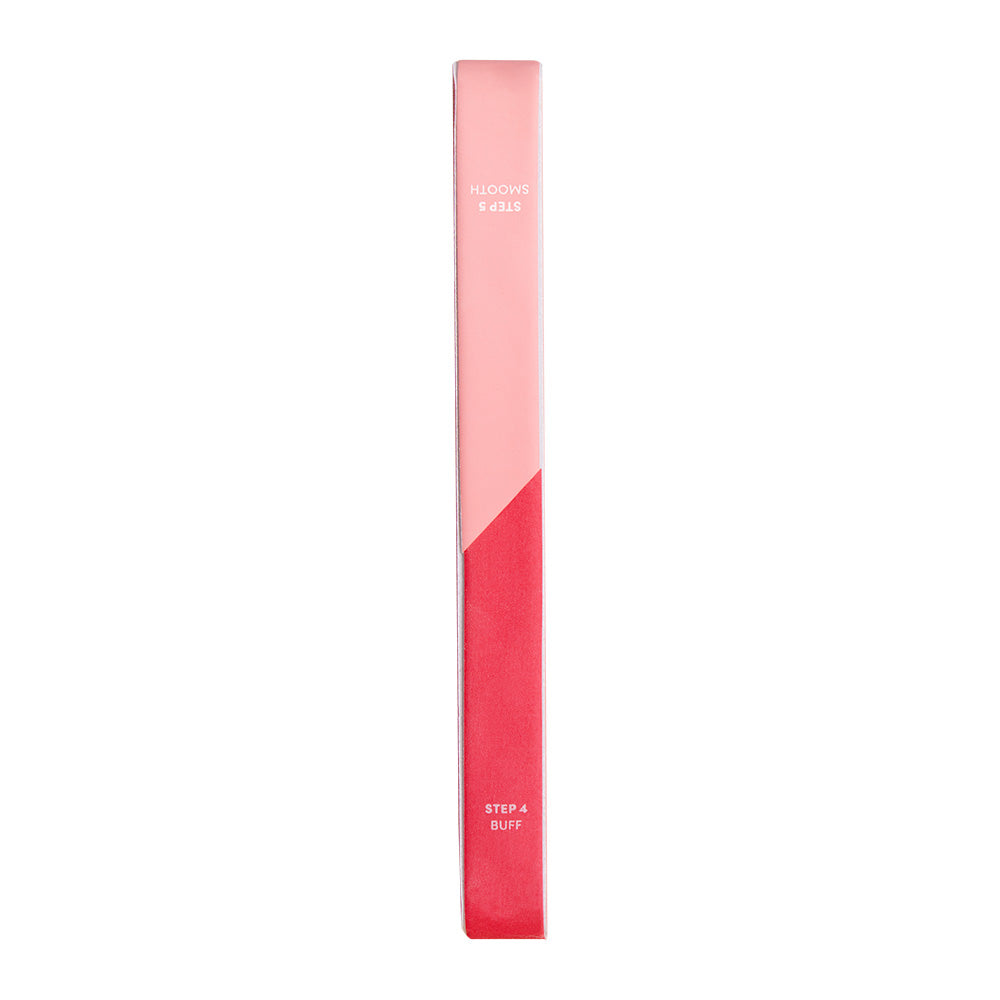The glamnetic 7-in-1 Nail Buffer is a dual-colored rectangular tool for at-home nail prep, featuring a pink top labeled STEP 5 SMOOTH and a red bottom labeled STEP 4 BUFF, shown upright on its narrow edge against a white background. - Product image