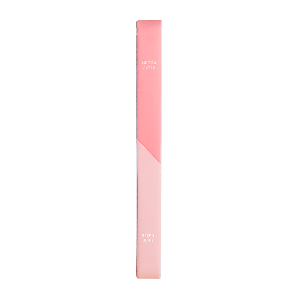 The glamnetic 7-in-1 Nail Buffer stands upright on a white background, with a pink top labeled Step 7 Polish and a light pink bottom labeled Step 8 Shine—perfect for easy, at-home nail prep and achieving a glossy finish. - Product image