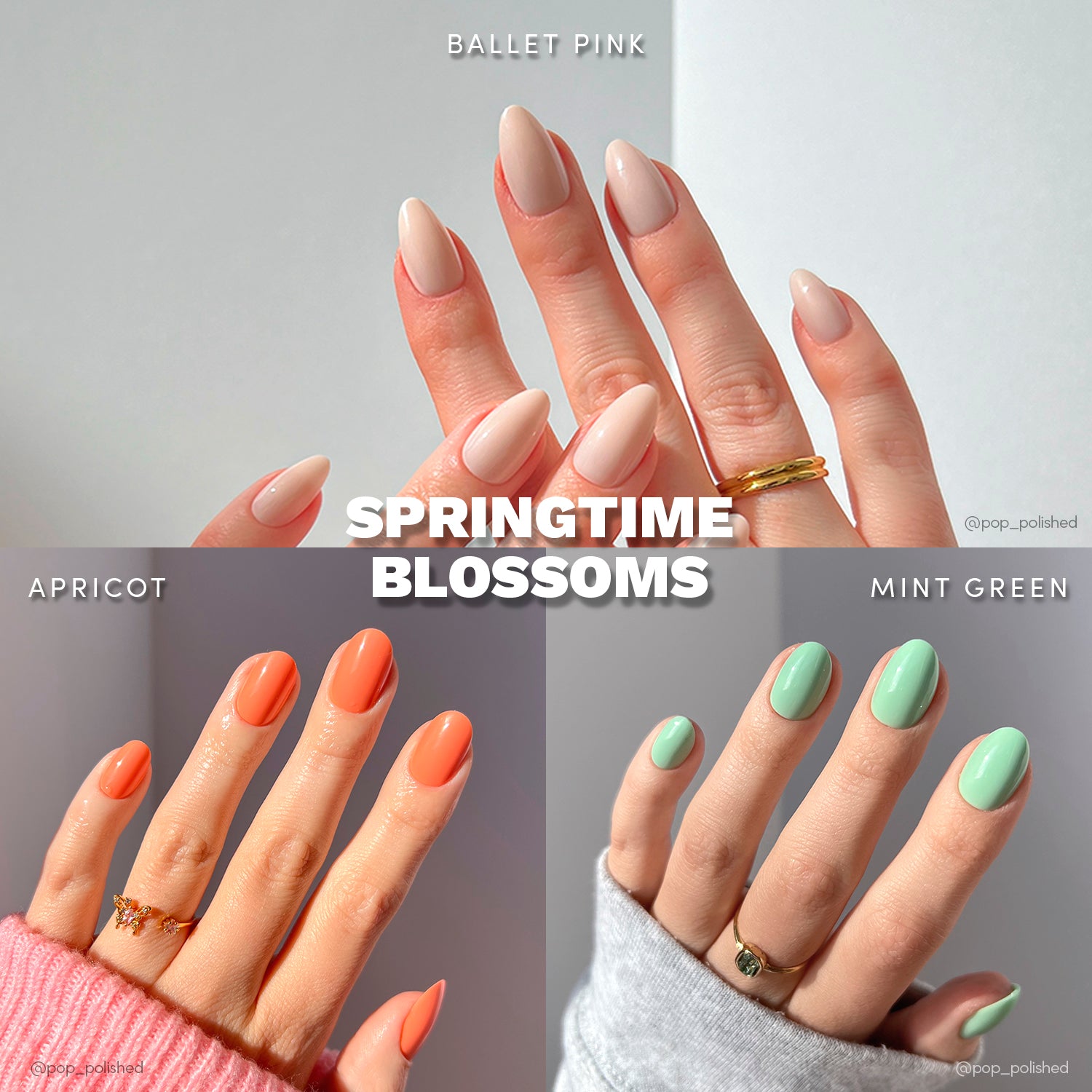 A collage displays glamnetic’s Springtime Blooms nail colors—Apricot, Ballet Pink, and Mint Green—on manicured hands. “Springtime Blooms” appears in bold white text at the center, spotlighting these fresh seasonal shades.