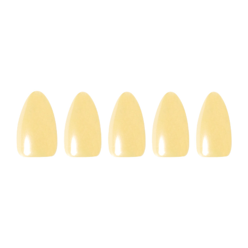 Five glossy pastel yellow press-on nails from glamnetics Yellow Pop set are arranged in a row on a white background, highlighting their cheerful style. - Product image