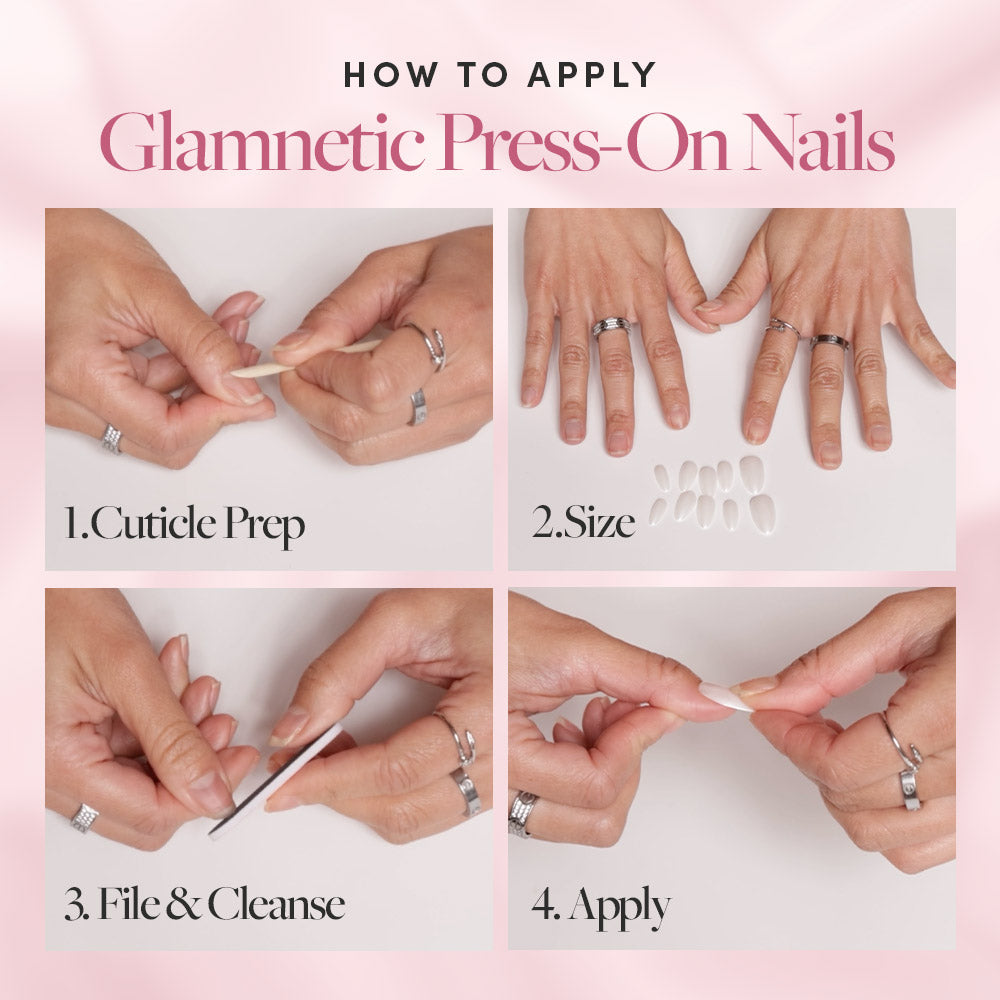 A step-by-step guide with labeled photos shows hands applying glamnetic NYC Press-On Nail Set—featuring an abstract tip design—including cuticle prep, sizing reusable nails, filing and cleansing, and application. - Product image